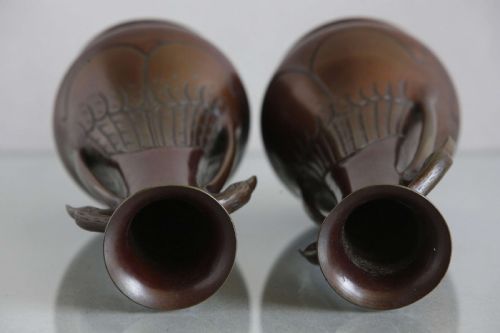 PAIR JAPANESE BRONZE VASES EGRET HANDLE DECORATION C1890 - ADDITIONAL PHOTO 12