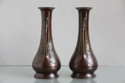 PAIR JAPANESE BRONZE VASES EGRET HANDLE DECORATION C1890 - ADDITIONAL PHOTO 13