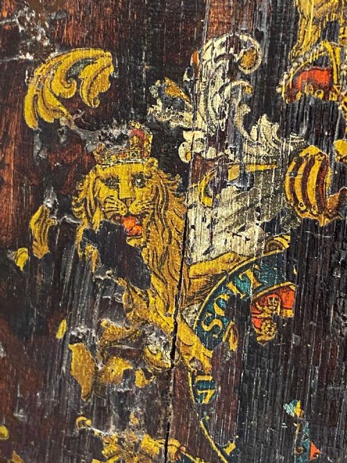 OAK BARREL UMBRELLA STAND WITH BRASS BRACES ENGLISH COAT OF ARMS 19TH CENTURY - ADDITIONAL PHOTO 5