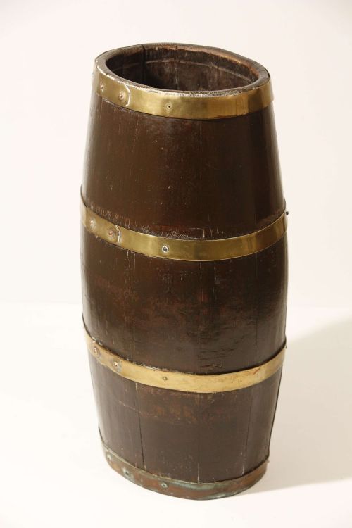 OAK BARREL UMBRELLA STAND WITH BRASS BRACES ENGLISH COAT OF ARMS 19TH CENTURY - ADDITIONAL PHOTO 6