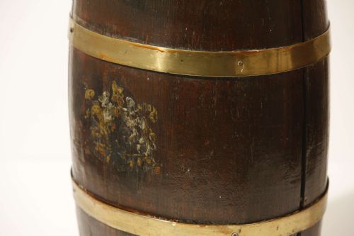 OAK BARREL UMBRELLA STAND WITH BRASS BRACES ENGLISH COAT OF ARMS 19TH CENTURY - ADDITIONAL PHOTO 8