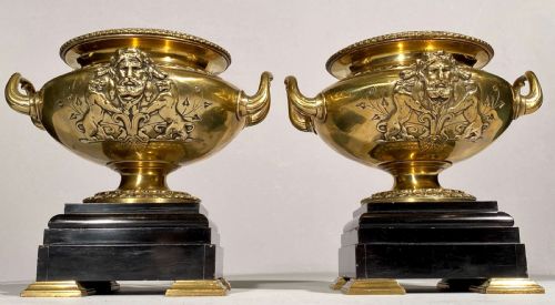 BRONZE URN VASES FRENCH PAIR ON MARBLE BASES 19TH CENTURY - ADDITIONAL PHOTO 1