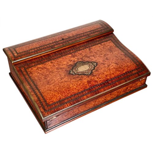 FRENCH WALNUT BURR CAMPAIGN WRITING SLOPE BRASS INLAY 19TH C
