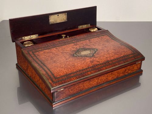 FRENCH WALNUT BURR CAMPAIGN WRITING SLOPE BRASS INLAY 19TH C - ADDITIONAL PHOTO 6