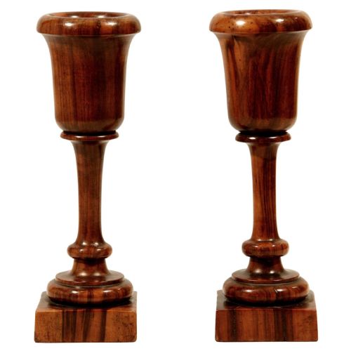 ENGLISH TURNED PAIR OF LIGNUM VITAE URN WOOD SPILL STEM VASES