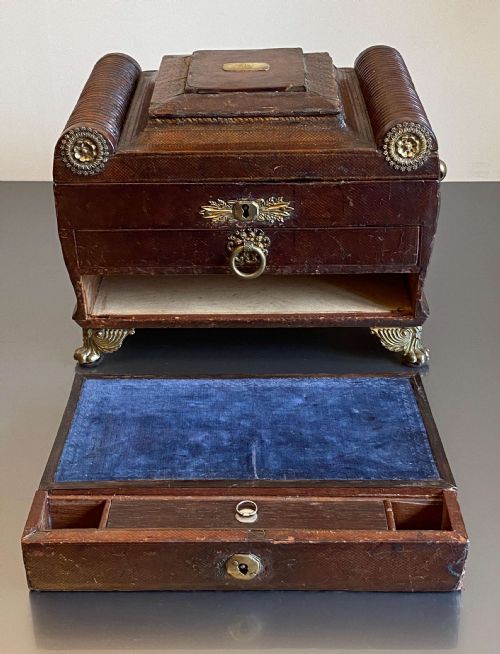 REGENCY LEATHER BOUND WRITING SLOPE SEWING JEWELLERY BOX ENGRAVED K 1818 - ADDITIONAL PHOTO 15