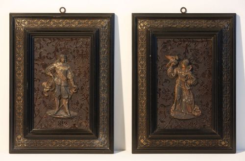 PAIR OF WHITE METAL AND GILDED BRONZE RELIEF PLAQUES WITH 17C FIGURES