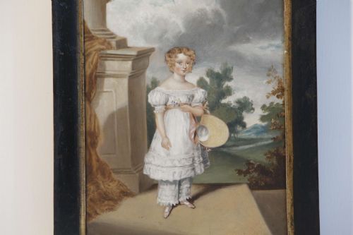 19C NAIVE OIL PAINTING OF A YOUNG GIRL IN AN ARCHITECTURAL SCENE - ADDITIONAL PHOTO 1