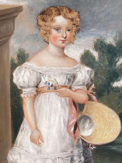 19C NAIVE OIL PAINTING OF A YOUNG GIRL IN AN ARCHITECTURAL SCENE - ADDITIONAL PHOTO 2