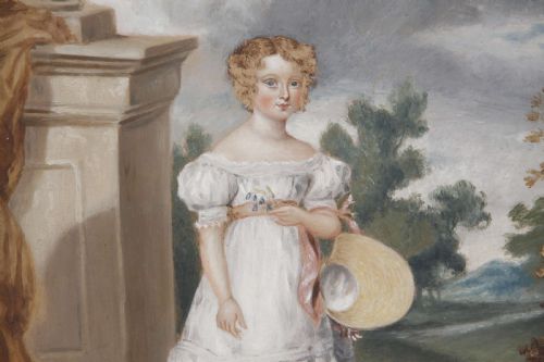 19C NAIVE OIL PAINTING OF A YOUNG GIRL IN AN ARCHITECTURAL SCENE - ADDITIONAL PHOTO 4