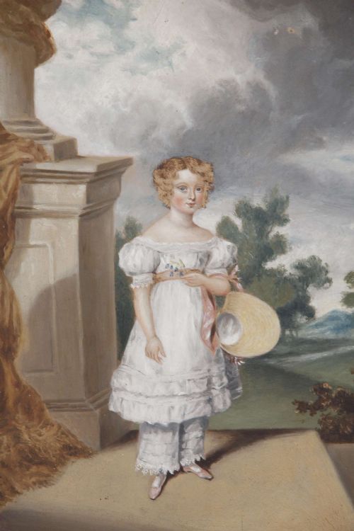 19C NAIVE OIL PAINTING OF A YOUNG GIRL IN AN ARCHITECTURAL SCENE - ADDITIONAL PHOTO 5