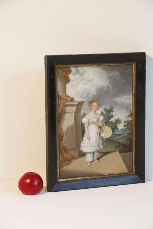 19C NAIVE OIL PAINTING OF A YOUNG GIRL IN AN ARCHITECTURAL SCENE - ADDITIONAL PHOTO 9