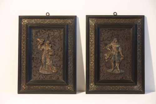 PAIR OF WHITE METAL AND GILDED BRONZE RELIEF PLAQUES WITH 17C FIGURES - ADDITIONAL PHOTO 1