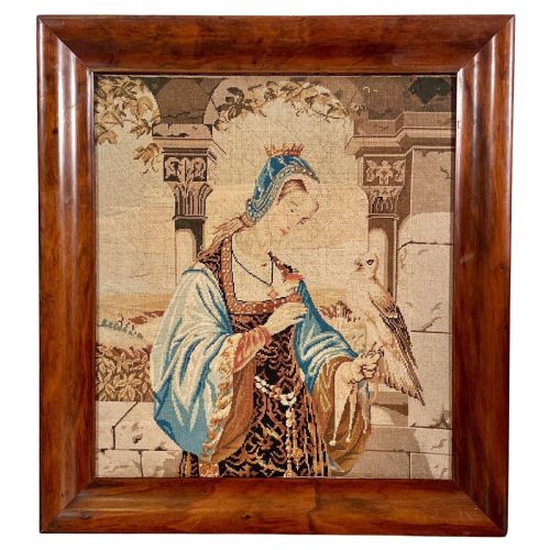 HUNTING FALCONRY EMBROIDERED TAPESTRY CLASSICAL FEMALE PORTRAIT WOOL CIRCA 1890
