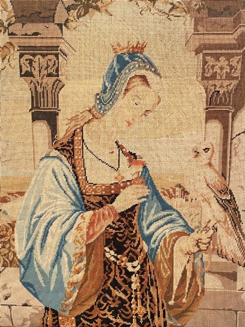 HUNTING FALCONRY EMBROIDERED TAPESTRY CLASSICAL FEMALE PORTRAIT WOOL CIRCA 1890 - ADDITIONAL PHOTO 2