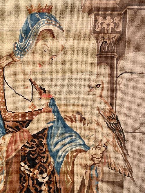 HUNTING FALCONRY EMBROIDERED TAPESTRY CLASSICAL FEMALE PORTRAIT WOOL CIRCA 1890 - ADDITIONAL PHOTO 4