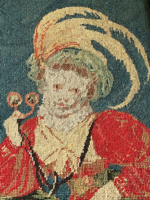 EMBROIDERED TAPESTRY PORTRAIT WOOL RIDING HOOD C1890TAPESTRY EMBROIDERED GROSPOINT WOOL PICTURE OF A DEPICTION OF LITTLE RED RIDING HOOD - ADDITIONAL PHOTO 6