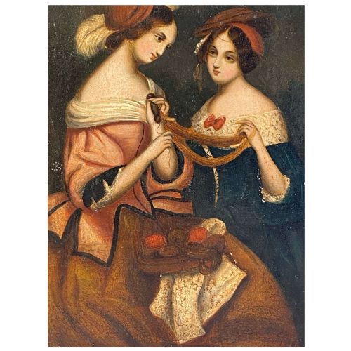 OIL PAINTING LADIES ON ZINC PANEL 19TH C VICTORIAN