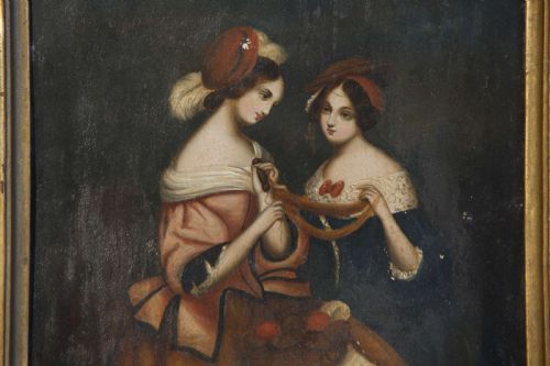 OIL PAINTING LADIES ON ZINC PANEL 19TH C VICTORIAN - ADDITIONAL PHOTO 3