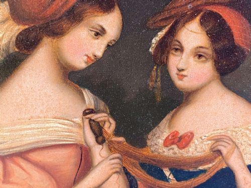 OIL PAINTING LADIES ON ZINC PANEL 19TH C VICTORIAN - ADDITIONAL PHOTO 6