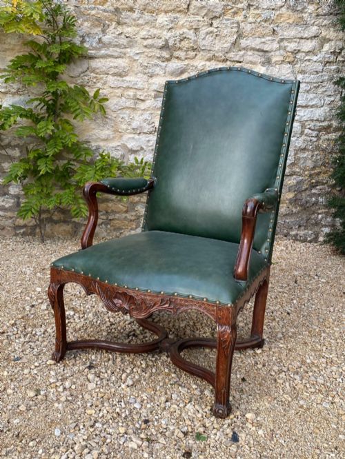 Antique Walnut Leather French Fauteuil Armchair 18th C