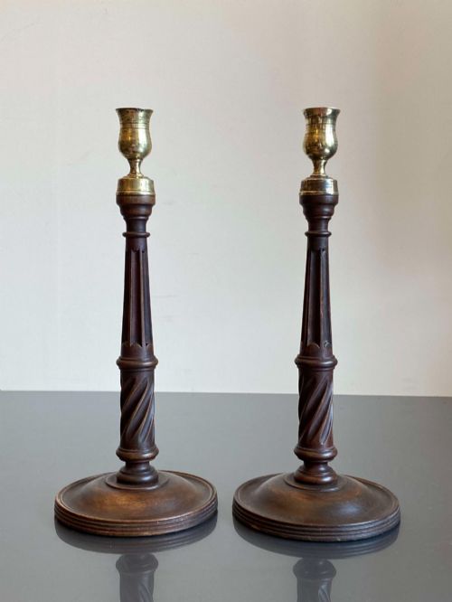 Georgian Antique Candle Sticks Brass & Mahogany 19th Century Pair