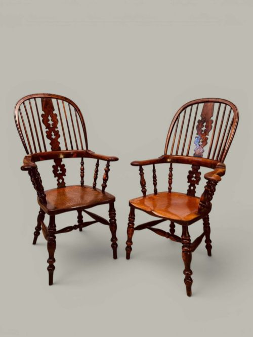 PAIR WINDSOR BROAD ARM CHAIRS, YEW & ELM C1880