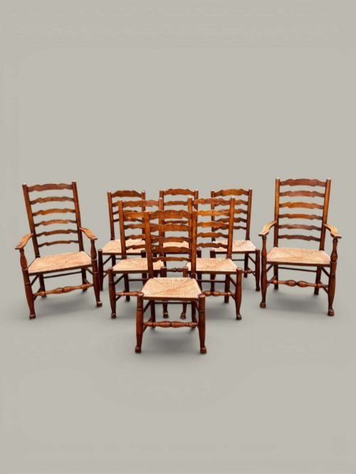 WAVY LADDER BACK CHAIRS IN ASH, SET OF EIGHT (6+2), C1830