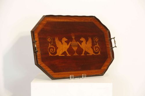 Mahogany Octagonal Griffin Marquetry Inlay Tea Tray 19th C