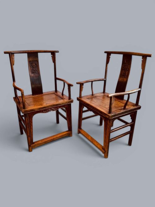 Pair Elm Armchairs, Chinese, C1880