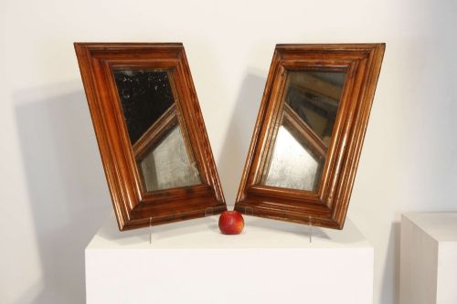 fig 1. A pair of matching rectangular wall mirrors with deep moulded pine frames and distressed glass plates.
