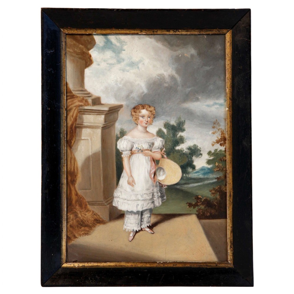 A 19th-century naive oil painting depicting a young girl in a white dress holding a straw bonnet beside a stone architectural column.