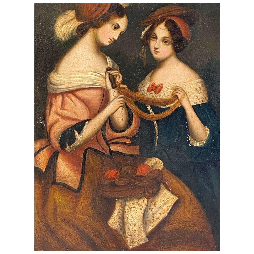 A nineteenth-century oil painting on a zinc panel depicting two women in Victorian attire, one holding a length of braided hair.