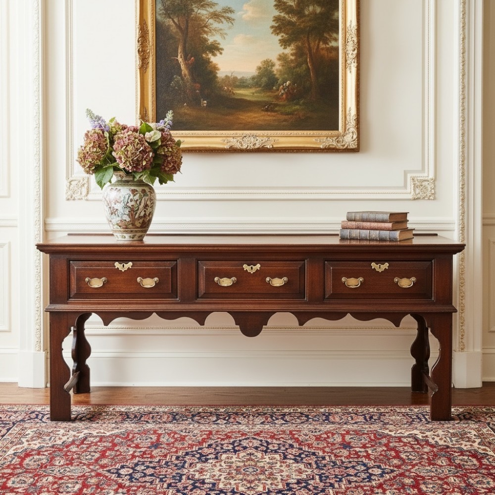 An 18th-century dark oak dresser base featuring three drawers with brass handles and shaped silhouette legs. View XII