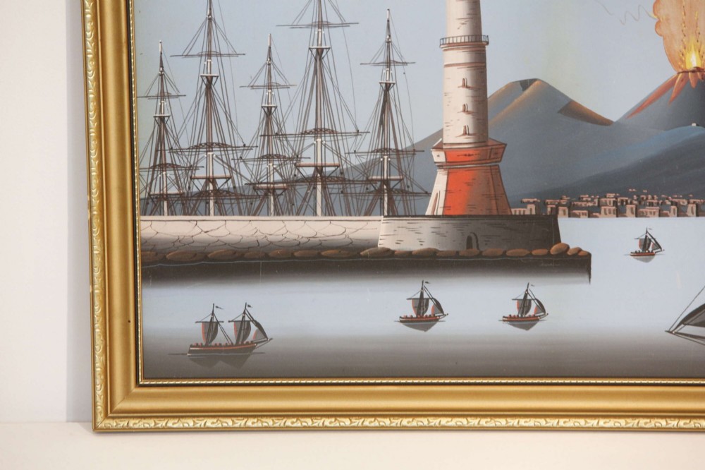 A pair of framed 19th-century gouache paintings depicting maritime scenes with sailing ships, a harbour lighthouse, and Mount Vesuvius in gilt frames. View VI