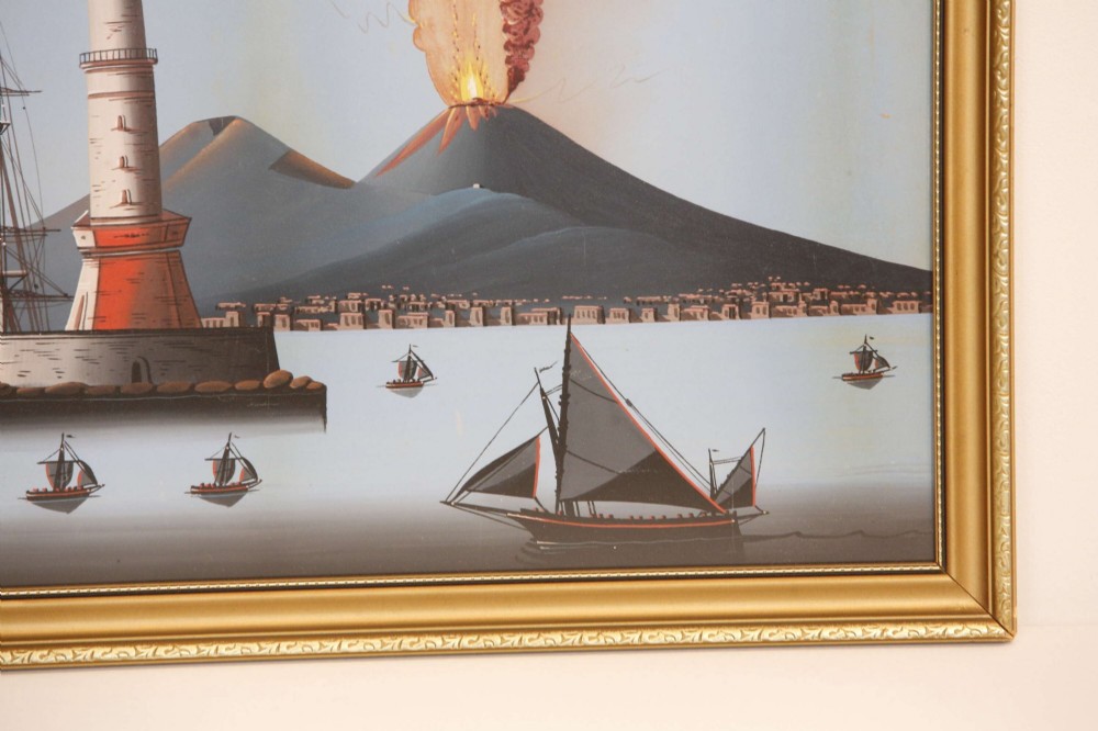 A pair of framed 19th-century gouache paintings depicting maritime scenes with sailing ships, a harbour lighthouse, and Mount Vesuvius in gilt frames. View VII