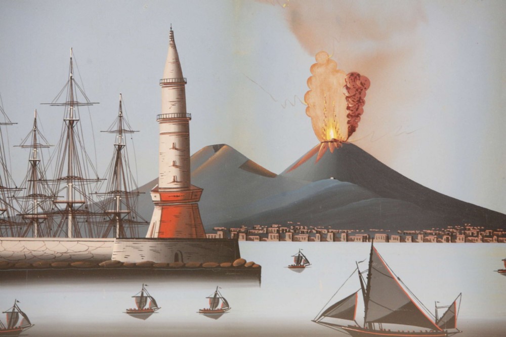 A pair of framed 19th-century gouache paintings depicting maritime scenes with sailing ships, a harbour lighthouse, and Mount Vesuvius in gilt frames. View VIII