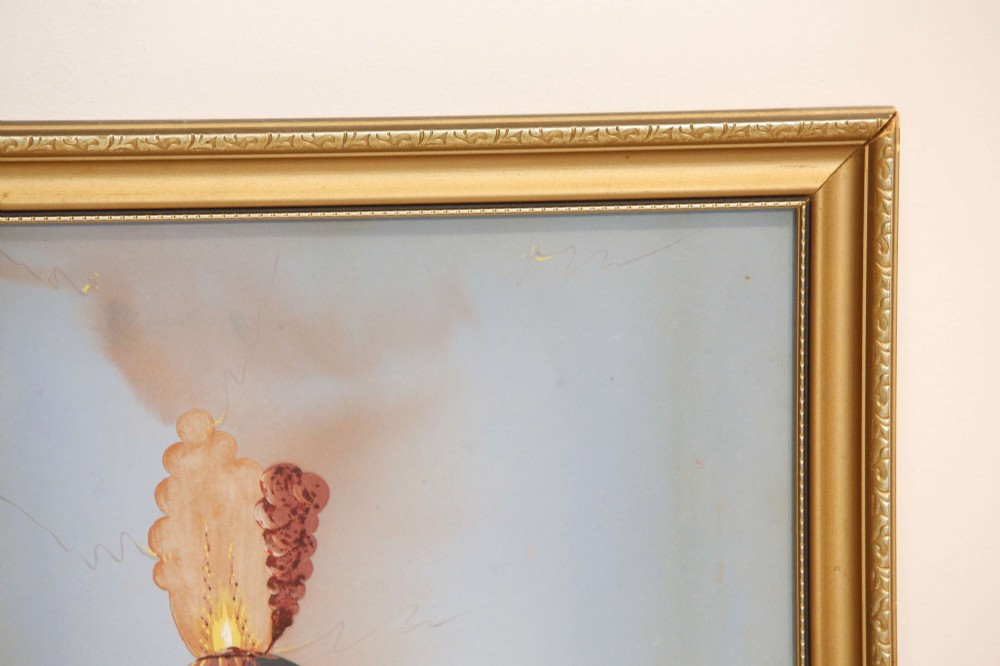 A pair of framed 19th-century gouache paintings depicting maritime scenes with sailing ships, a harbour lighthouse, and Mount Vesuvius in gilt frames. View X