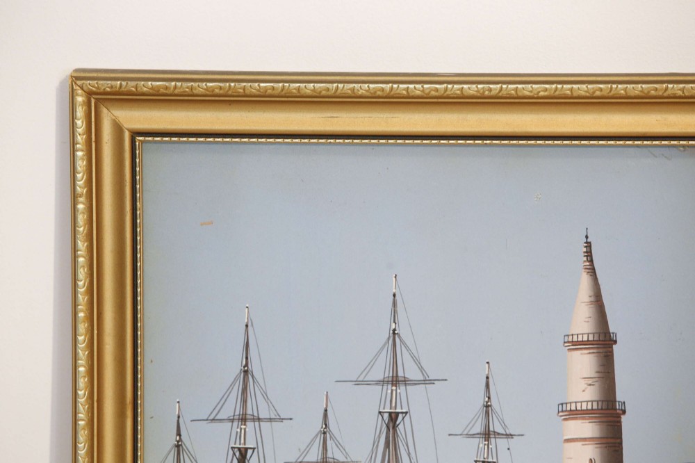 A pair of framed 19th-century gouache paintings depicting maritime scenes with sailing ships, a harbour lighthouse, and Mount Vesuvius in gilt frames. View XI