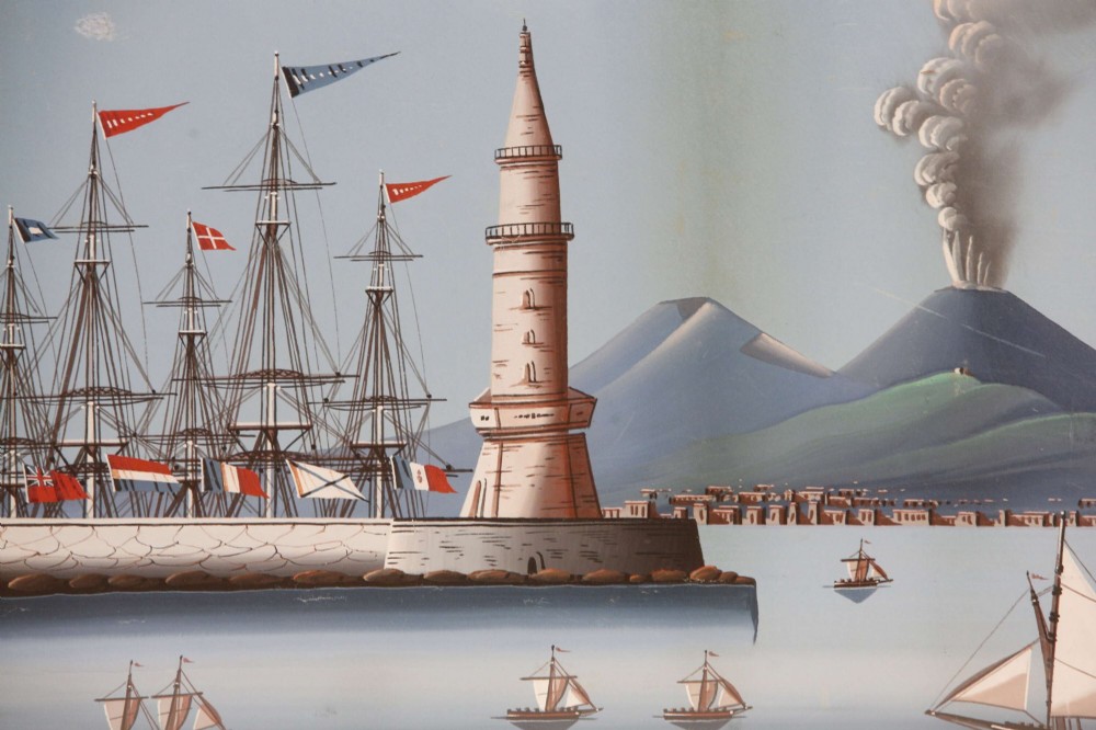 A pair of framed 19th-century gouache paintings depicting maritime scenes with sailing ships, a harbour lighthouse, and Mount Vesuvius in gilt frames. View XIII