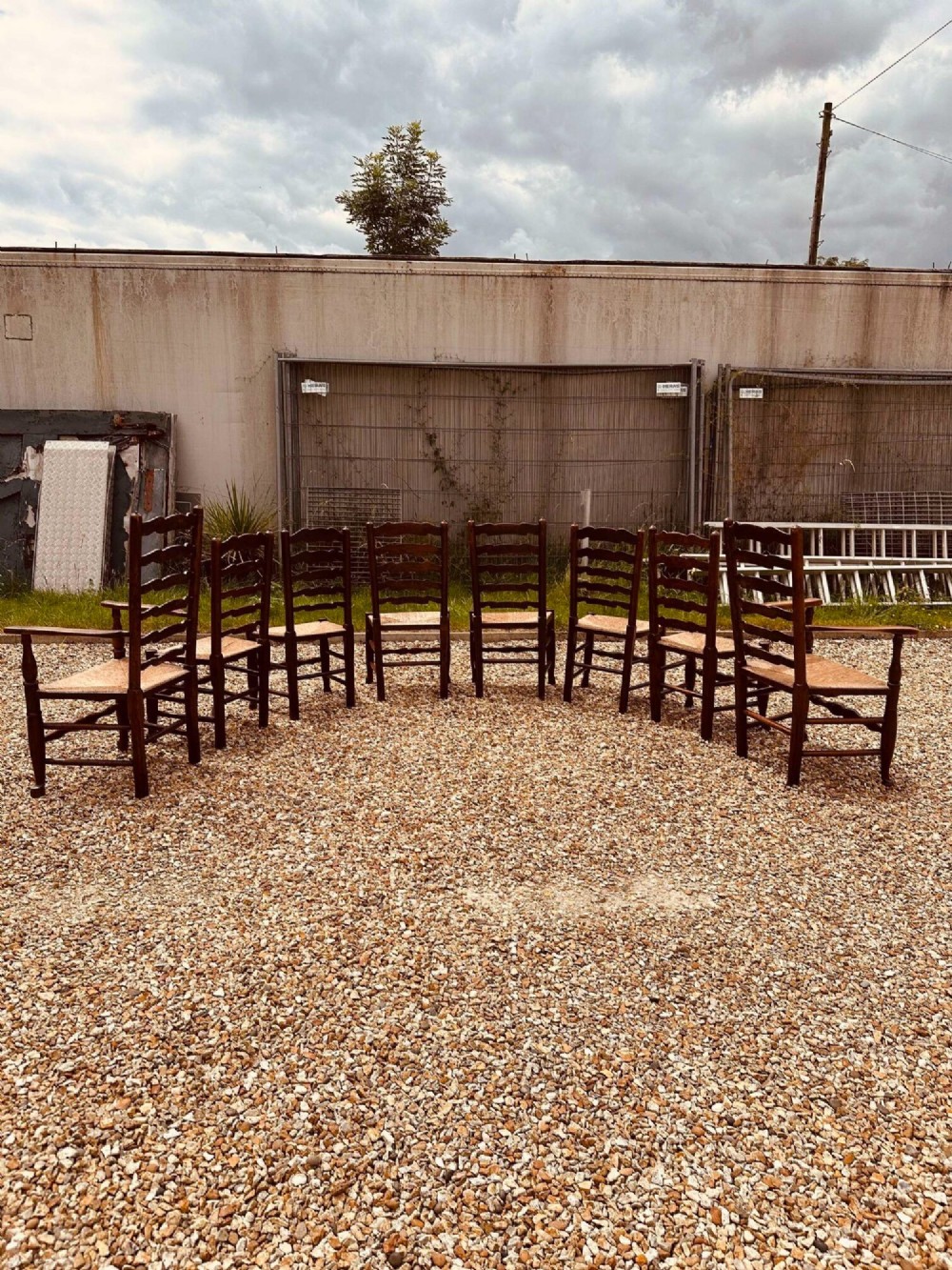 A set of eight antique ash dining chairs featuring wavy ladder backs, turned stretchers, and woven rush seats, comprising six side chairs and two carver armchairs. View XV