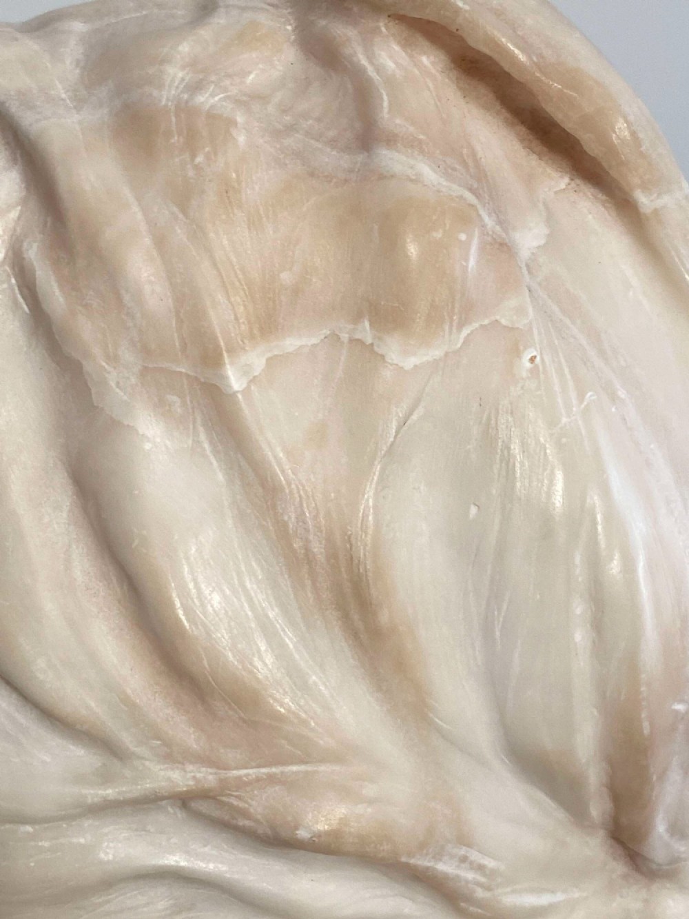 An early twentieth-century carved Carrara marble bust depicting a young female subject with a carved floral corsage, mounted on a wooden pedestal base. View XIV