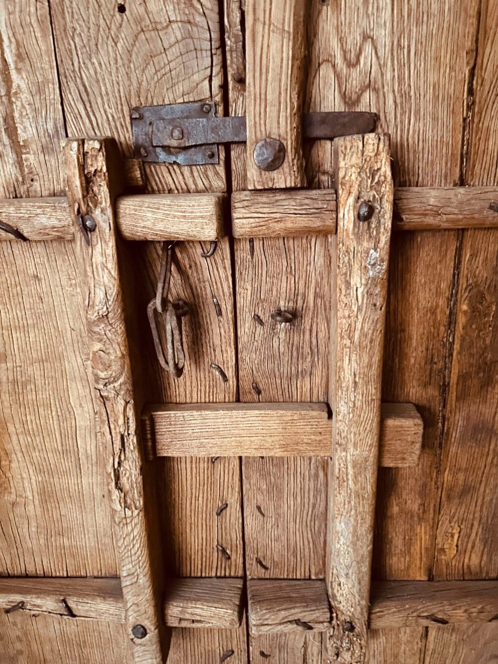 Pair of late nineteenth-century reclaimed Chinese elm doors featuring heavy iron strapping, metal studs, and central ring handles. View IX