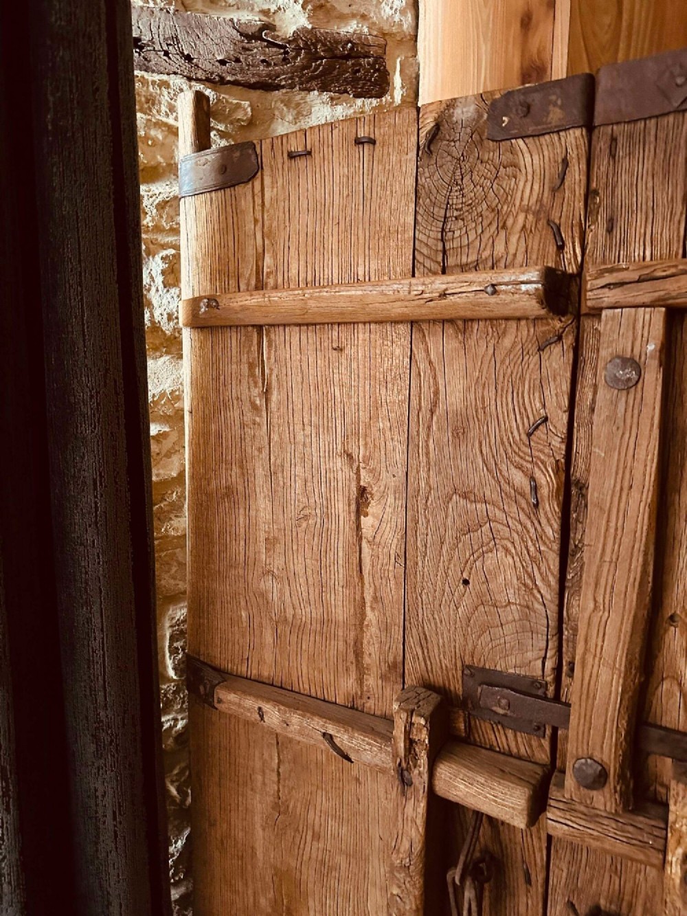 Pair of late nineteenth-century reclaimed Chinese elm doors featuring heavy iron strapping, metal studs, and central ring handles. View XI