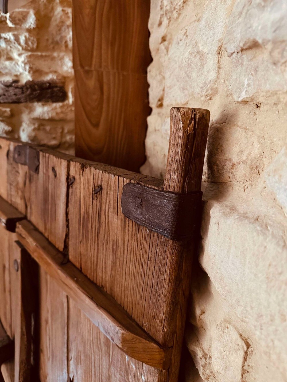 Pair of late nineteenth-century reclaimed Chinese elm doors featuring heavy iron strapping, metal studs, and central ring handles. View XII