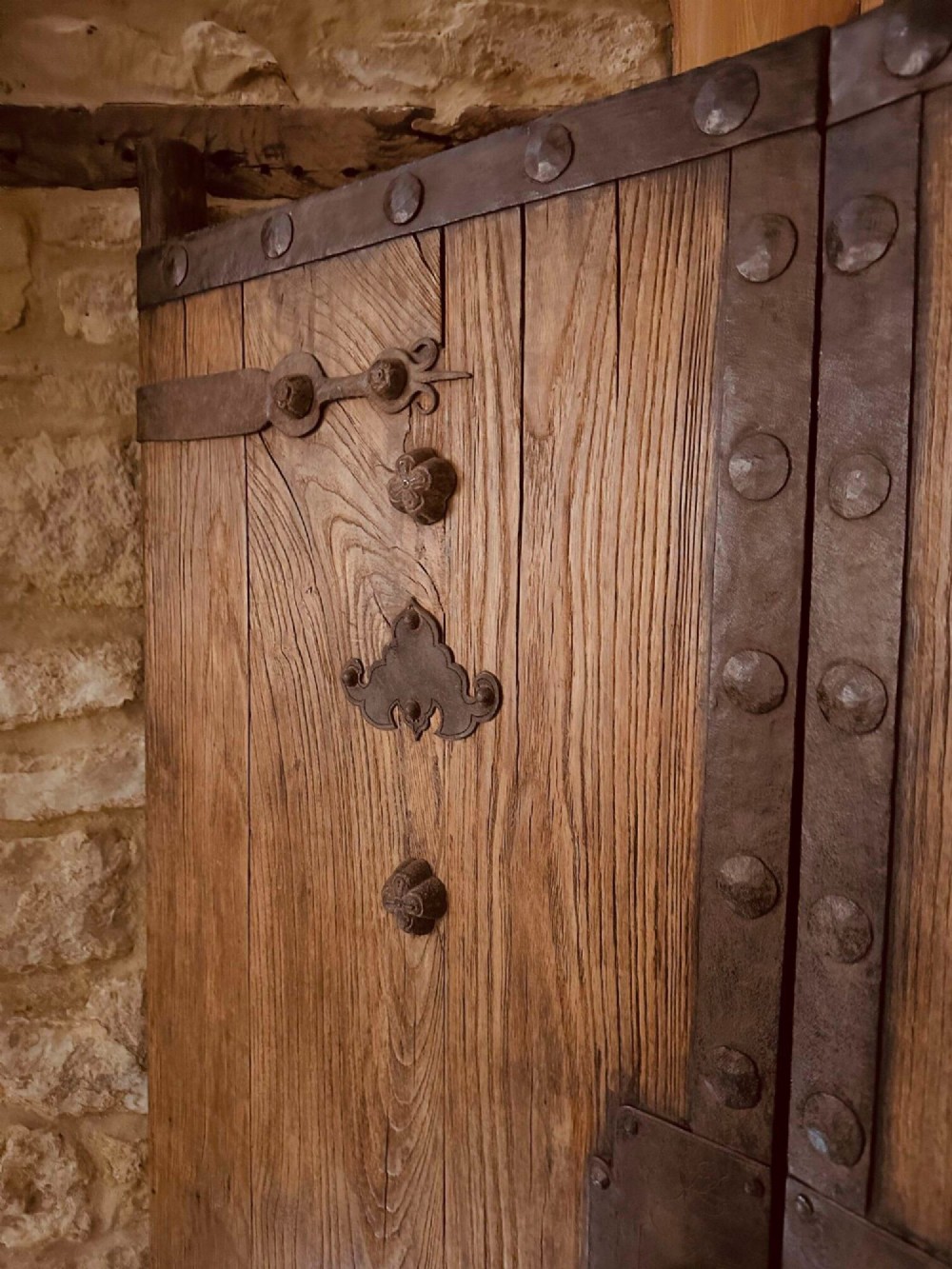 A pair of antique Chinese reclaimed locust wood doors with iron straps, decorative studs, and central ring handles. View IV