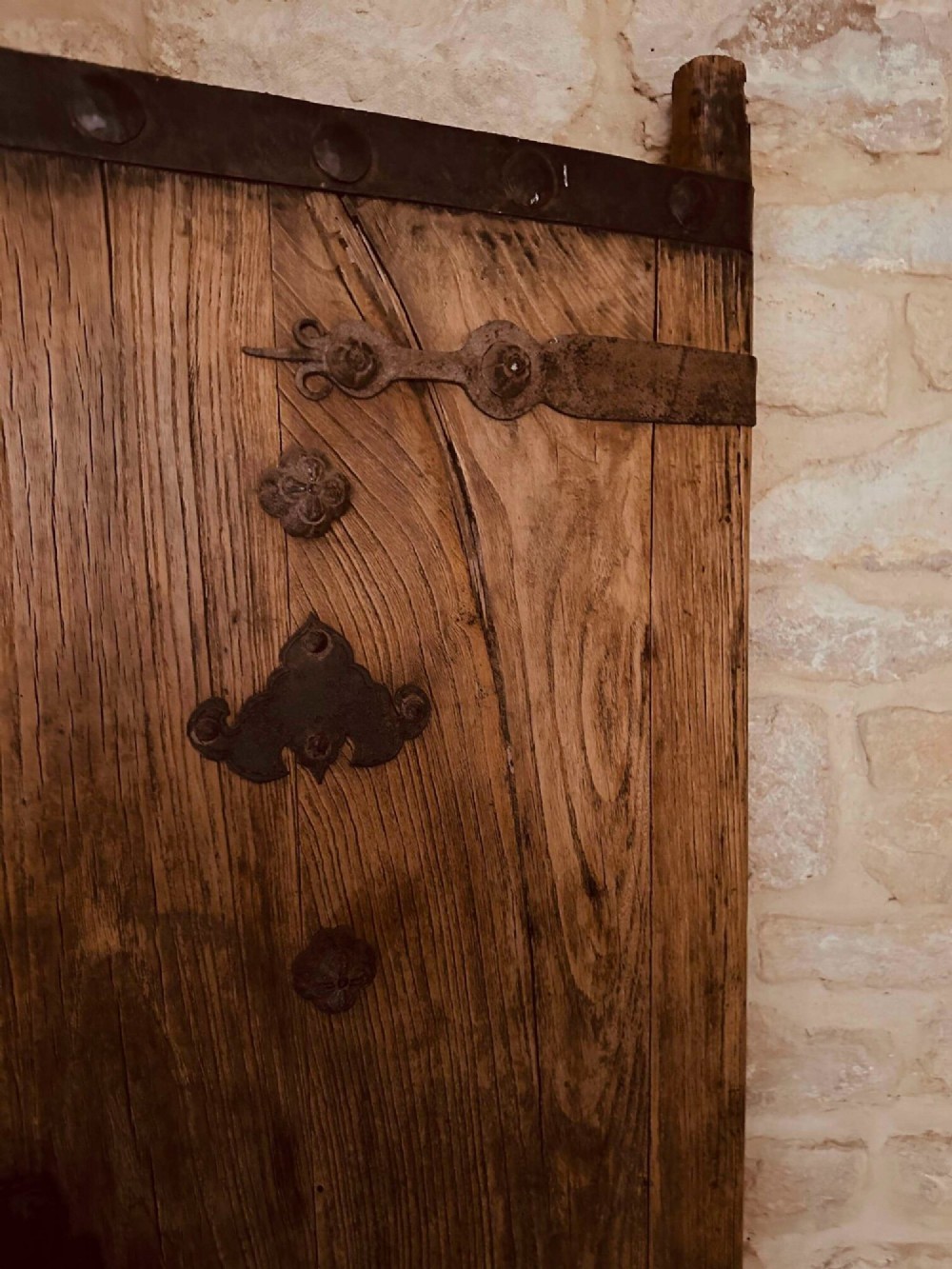 A pair of antique Chinese reclaimed locust wood doors with iron straps, decorative studs, and central ring handles. View V