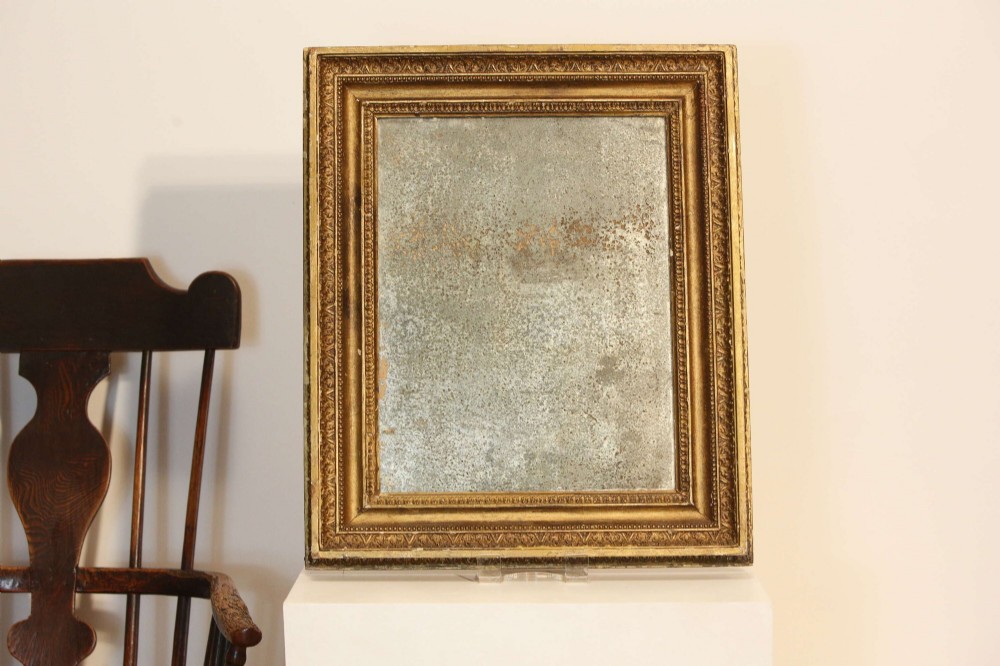 A 19th-century French rectangular giltwood wall mirror featuring a moulded frame with detailed borders and a heavily foxed glass plate. View II