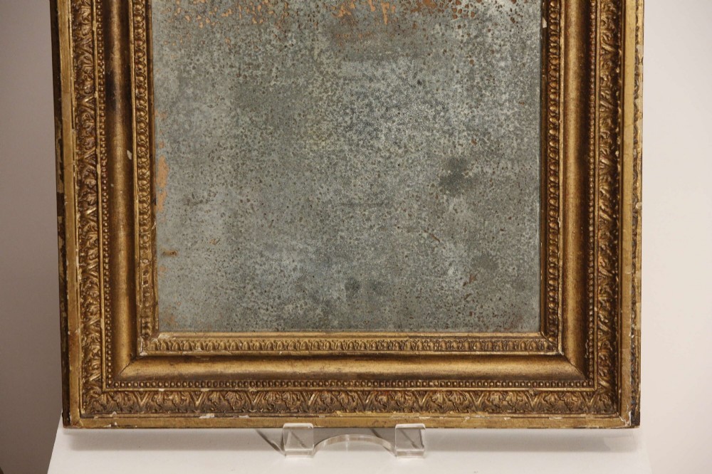 A 19th-century French rectangular giltwood wall mirror featuring a moulded frame with detailed borders and a heavily foxed glass plate. View VII