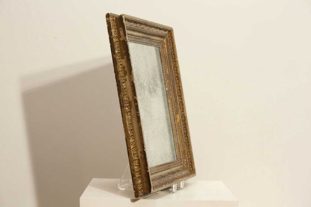 A 19th-century French rectangular giltwood wall mirror featuring a moulded frame with detailed borders and a heavily foxed glass plate. View XII